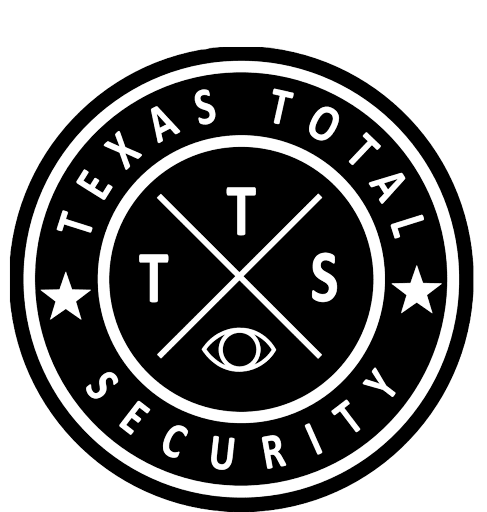 A black and white logo of texas total security.